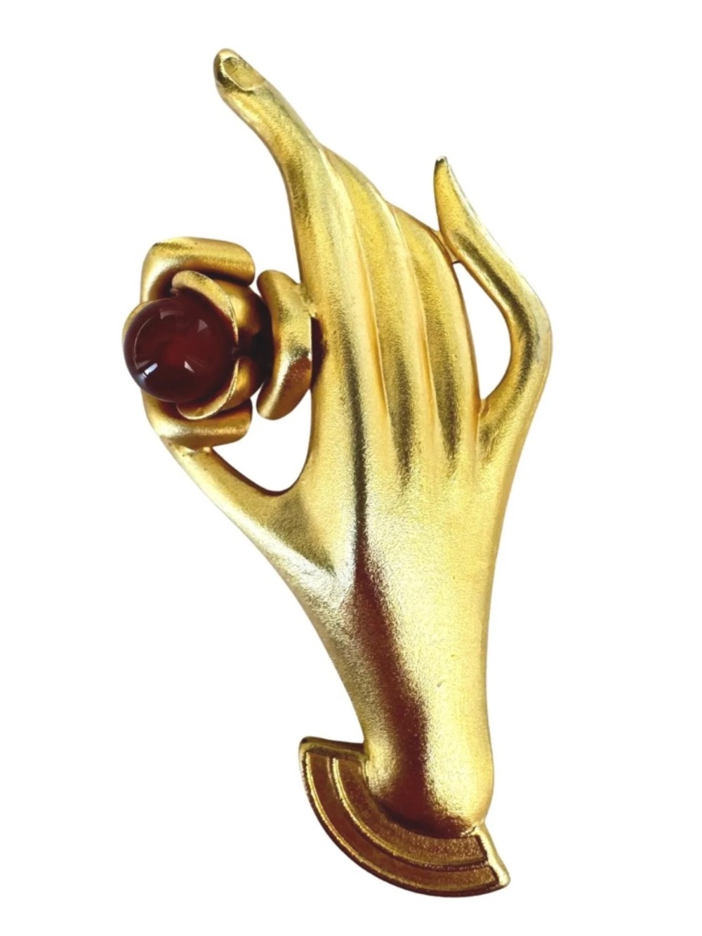Vintage Gold Hand Brooch Carnelian Red Agate Cabochon Art Nouveau Style Pin